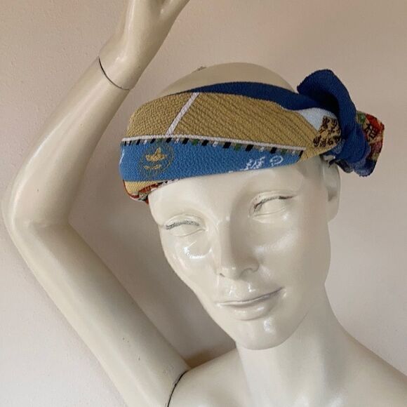 Vintage stretchy silk sumo wrestler stretch scarf kerchief large blue red cream - Picture 3 of 12